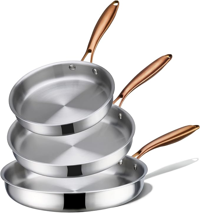 CAROTE 3-Piece Tri-Ply Stainless Steel Frying Pan Set, Skillet Set 8"/10"/12", Induction Compatible, Oven & Dishwasher Safe, Gold Handle