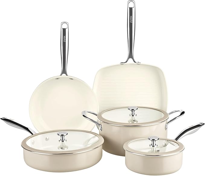 Pyrex 8-Piece Ceramic Cookware Set, Pots and Pans with Lids & Stainless Steel Handles, Healthy Nonstick Ceramic Coating, Induction Compatible Stainless Steel, PFAS Lead Cadmium BPA Free