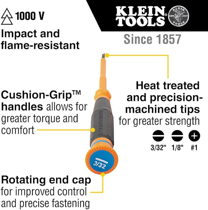 Klein Tools 85613INS Mini Precision Screwdriver Set, 1000V Rated Insulated Screwdrivers, #1 Phillips, 3/32, 1/8-Inch Slotted Tips, 3-Piece
