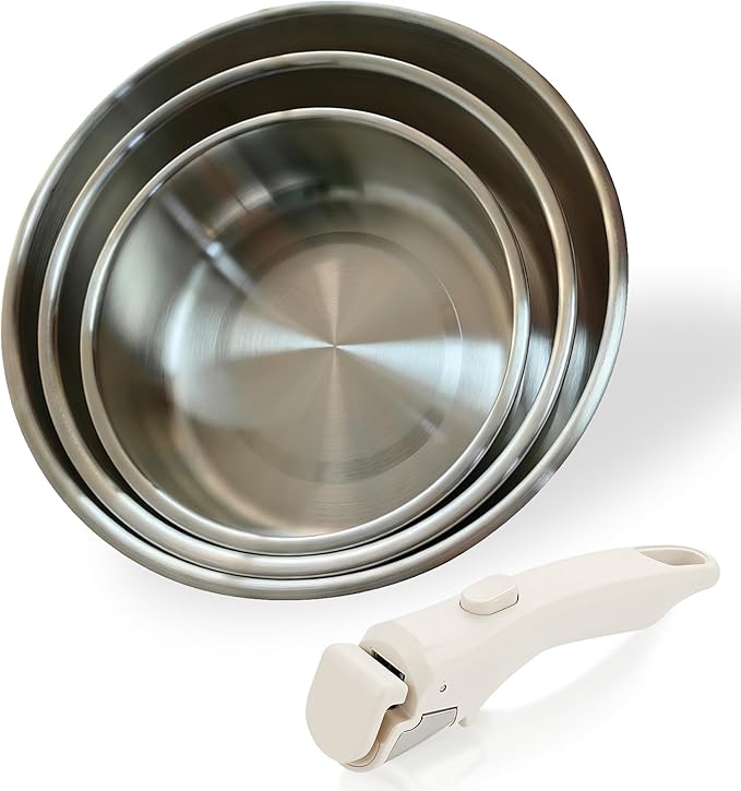 Stainless Steel Pan With Detachable Handle - 11''/9.5''/8'' 304 Stainless Steel Pots and Pans set, Induction Compatible, Dishwasher Safe, Fast & Even Heating, Thickened & Long-Lasting