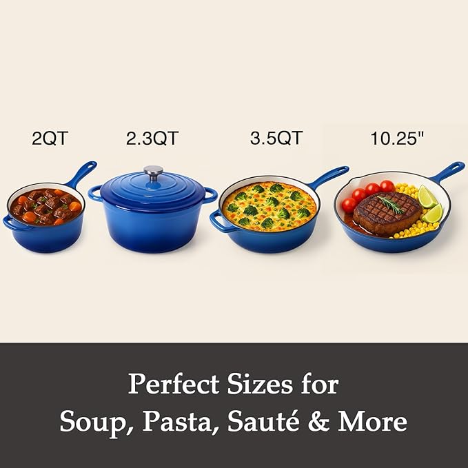 QuliMetal Nonstick Enameled Cast Iron Cookware Set, 4-Pcs Pots and Pans with Lid, Healthy Round Dutch Oven Pot for Sourdough Bread Baking, Oven Safe up to 500° F or on All Stovetop