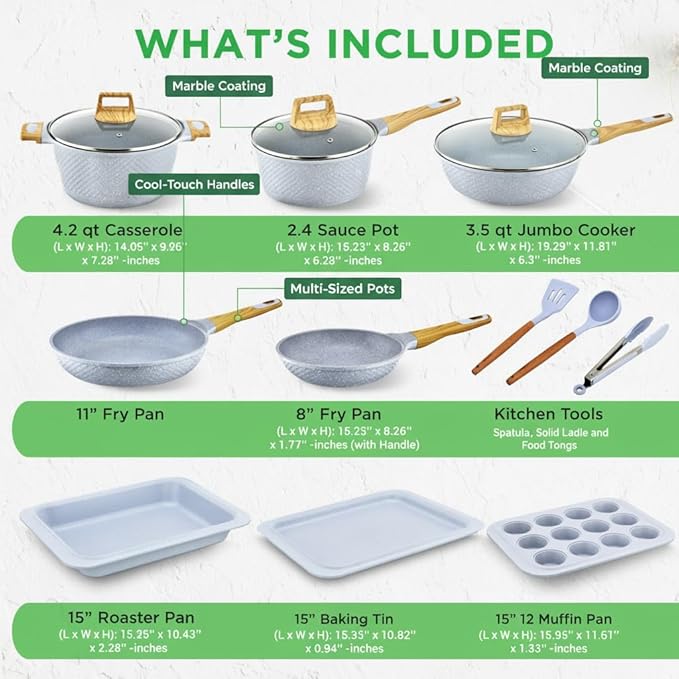 NutriChef 22‑Piece Non‑Stick Ceramic Pots and Pans Set – For All Cooktops Including Induction – PTFE & PFAS Free, Includes Bakeware & Utensils