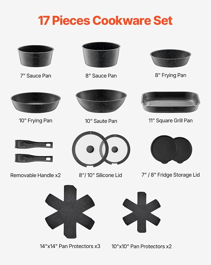 VEVOR 17 Piece Pots and Pans Set, Granite Nonstick Detachable Handle Cookware, Space Saving Induction Cookwares, Kitchen RV Cooking Sets with Frying, Sauce, Saute, Tempered Glass Lid, Oven Safe, Black
