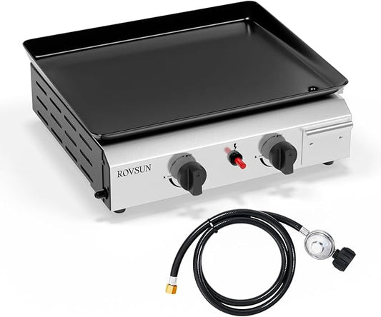 ROVSUN 2 Burner Portable Propane Griddle with Electronic Ignition & Regulator, 20,000 BTU Tabletop Flat Top Gas Grill with Nonstick Enameled Tray for Outdoor Cooking Camping BBQ Tailgating Picnicking