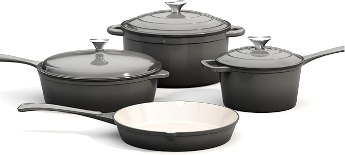 MAISON ARTS 7 Piece Enameled Cast Iron Cookware Set, Induciton Dutch Oven Pot with Lid, Grey Non Toxic Pots and Pans set, PFOA-PFOS Free