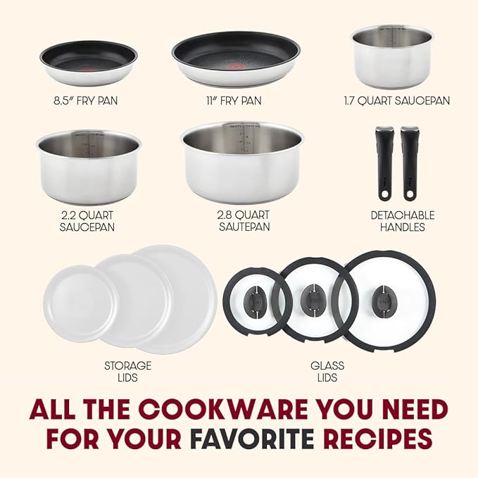 T-fal Ingenio Expertise Stainless Steel Cookware Set 13 Piece, Induction, Stackable Cookware, Pots and Pans Set, RV, Camping, Kitchen Fry Pans, Dishwasher Safe, Detachable/Removable Handle, Silver