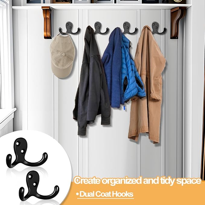 15 Pack Coat Hooks Wall Hooks for Hanging, Heavy Duty Double Prong Metal Hook Wall Mounted for Living Room, Bathroom, Kitchen, Bedroom for Coat, Bag, Scarf, Towel, Hat, Key, Cup (Black)