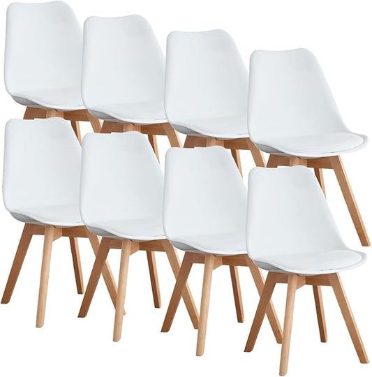 OLIXIS Dining Chairs Set of 8 Kitchen Mid Century Modern Chairs with Wood Legs and PU Leather Cushion for Living Room Bedroom Outdoor Lounge, White