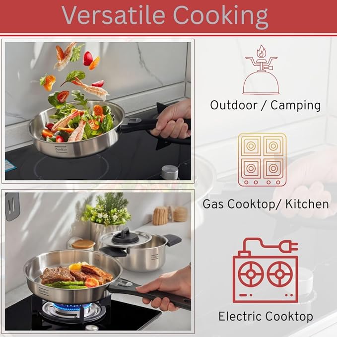 Stainless Steel Camping Kitchen Cookware Set - Frying Pan With Detachable Handle - Nesting Pots for Backpacking, Camp, and RV Cooking - 6 Piece Mess Kit - 1.5L Frypan, 1.5L Small Pot & 3.5L Medium Pot