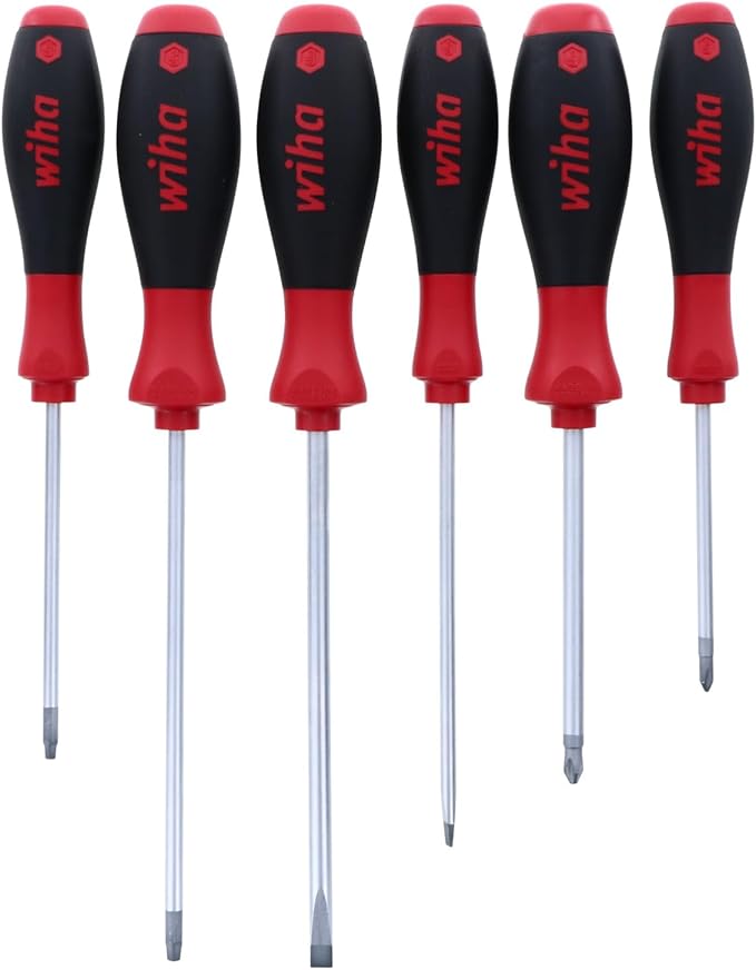 Wiha 30291 SoftFinish Grip ScrewDriver Set, Slotted 4.5-6.5mm, Phillips Number 1-2 and Square Number 1-2, 6-Piece Set