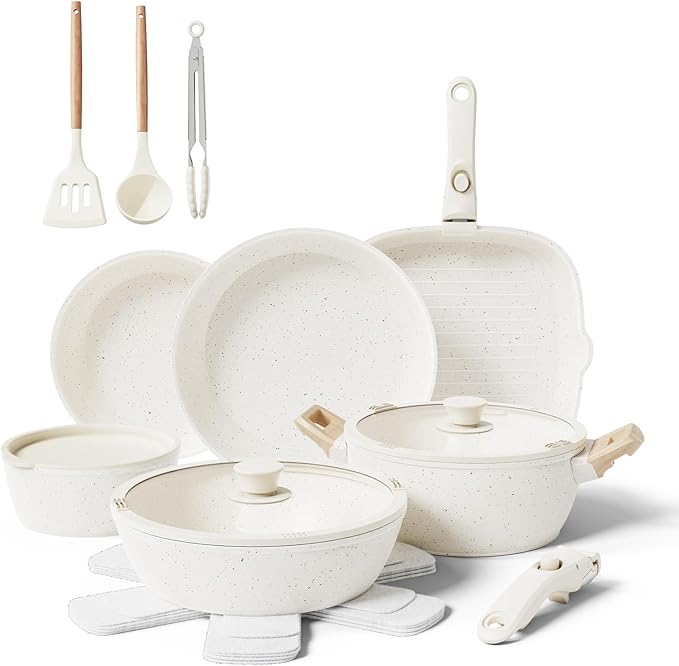 19-Piece Pots and Pans Set Non Stick, Ceramic Cookware Set with Removable Handles, PFAS-Free,Induction Compatible Dishwasher Safe,Stackable Space-Saving for Apartment or RVs