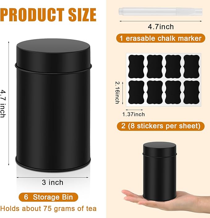 Tanlade 6 Pcs Tea Tin Canisters Airtight Double Lid Metal Storage Containers with Erasable Labels Marker, 14 oz Round Tins for Loose Leaf Tea Coffee Sugar Spice Pantry Organization