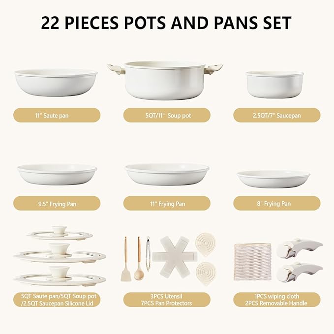 Bonnlo 22 Pcs Nonstick Pots and Pans Set with Lids, Kitchen Cookware Set with Detachable Handle Include Saucepan, Frying and Saute Pan, PFAS PFOA & PFOS Free, RV Induction, Aluminum, Cream White