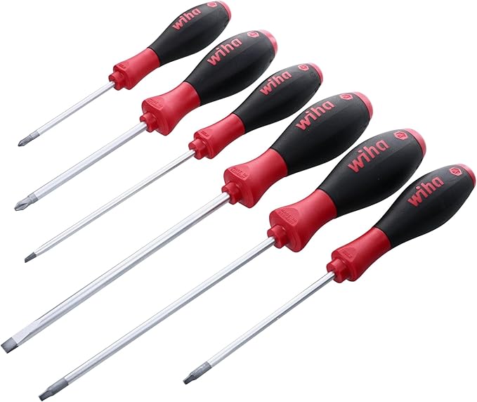 Wiha 30291 SoftFinish Grip ScrewDriver Set, Slotted 4.5-6.5mm, Phillips Number 1-2 and Square Number 1-2, 6-Piece Set