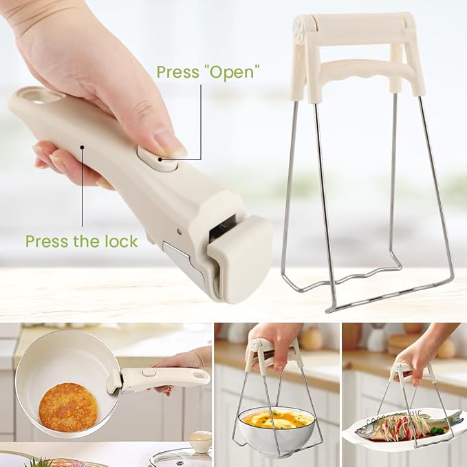 Removable Pot Handle with Anti-Hot Bowl Dish Clip, Universal Detachable Pan Handles Replacement fits Most Vertical Edge Cookware, Avoid Scalding Kitchenware Set (COLOR:Cream White)