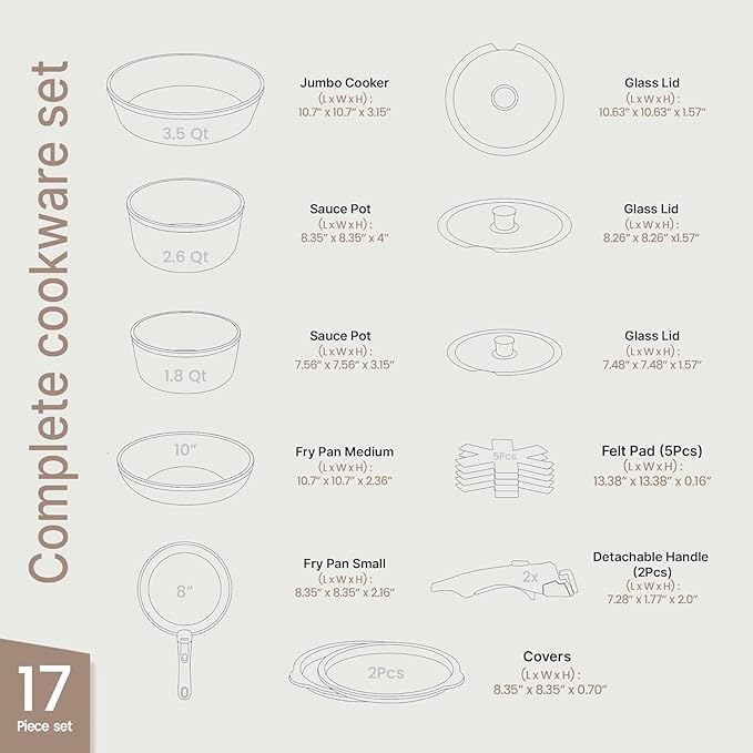 Bakken 17-Piece Ceramic Coated Aluminum Cookware Set, Nonstick Pots and Pans with Lids, Silicone Cooking Utensils & Oven Mitts, All Stovetop Safe Up To 500°F, PTFE & PFAS Free, Dishwasher Safe