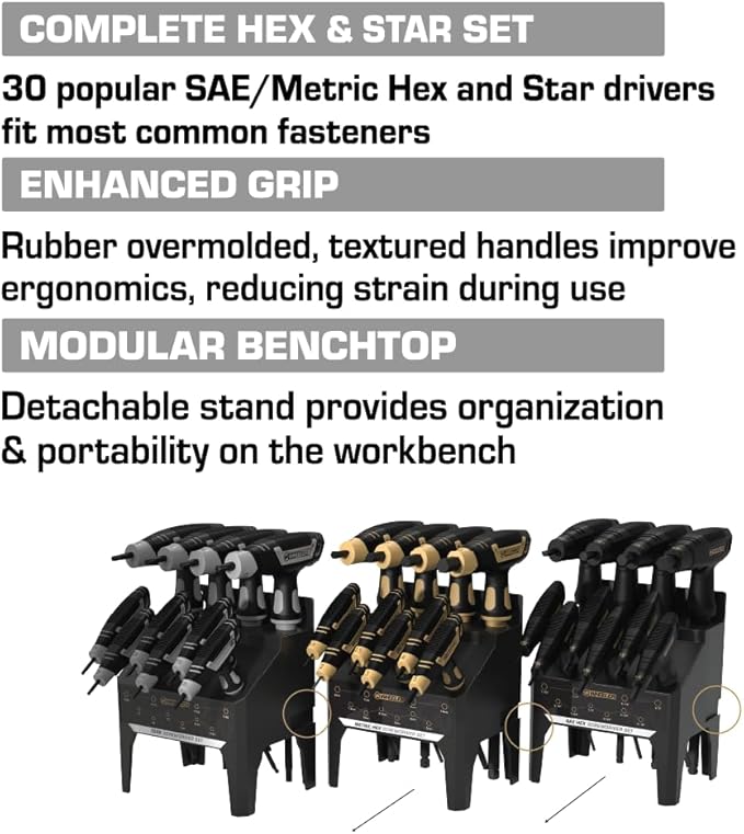 Wheeler 30 Piece SAE/Metric Hex and Torx P-Handle Set for Pistol Rifle Handgun Gunsmithing Rebuild and Maintenance, Black, Yellow, Gray