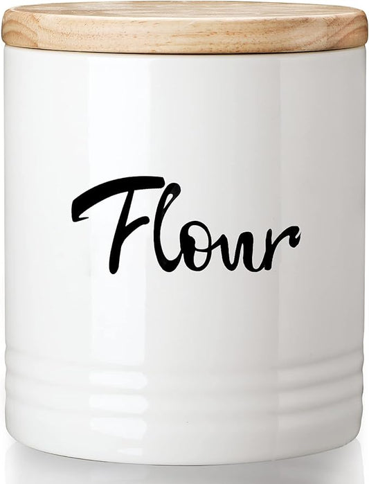 LEETOYI Porcelain Food Storage Containers with Lid, Small Size Design & Saves Space, 4.5 Inch White, Labeled Flour