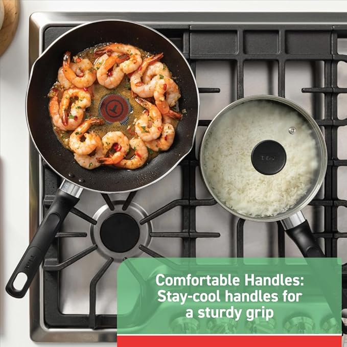T-fal Initiatives Nonstick Cookware Set 18 Piece, Oven Broiler Safe 350F, Kitchen Cooking Set w/Fry Pans, Saucepans, Stockpots, Skillet, Spoons, Lids Pots and Pans Set Non Stick Dishwasher Safe Black