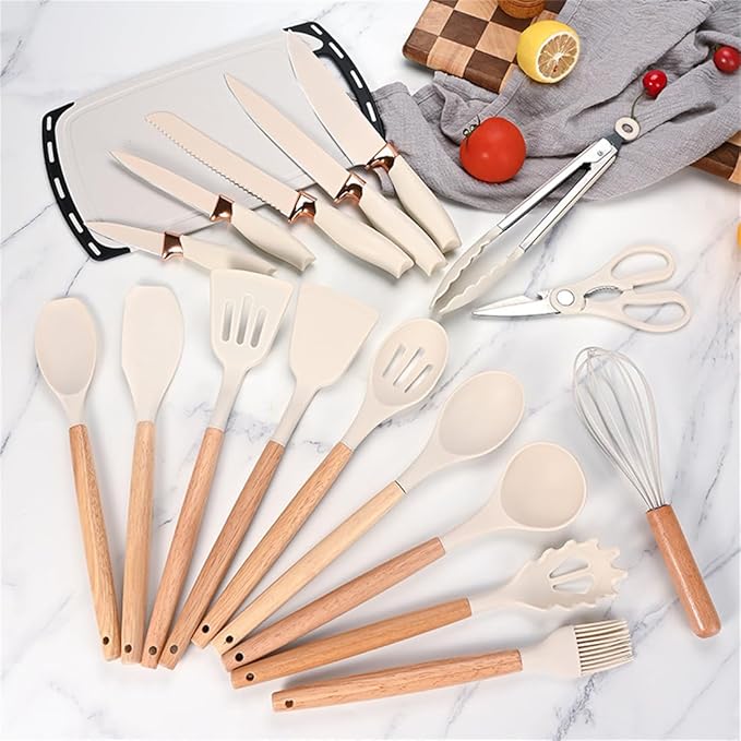 Kitchen Utensils Set,19 Pcs Cooking Tools and Knives Set,Cutting Board, Silverware Set, with Utensil Holder Precision Cutting and Organized Dining Kitchen Tool (Grey)