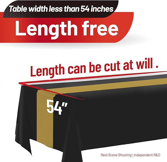 Plastic Table Cloth, 110 Ft X 54 In Disposable Tablecloth Black and Gold Tablecloth Premium PEVA Plastic Table Cloth Disposable with Any Cut Sliding Cutters for Picnics, Parties, Birthdays, Festivals
