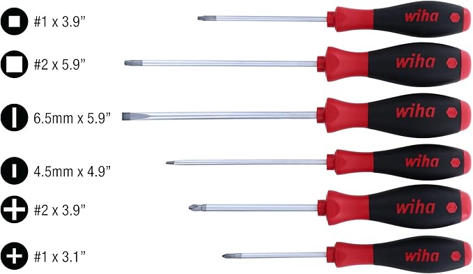 Wiha 30291 SoftFinish Grip ScrewDriver Set, Slotted 4.5-6.5mm, Phillips Number 1-2 and Square Number 1-2, 6-Piece Set