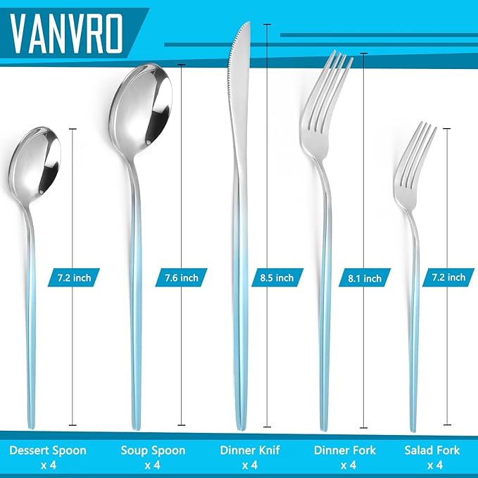 VANVRO Gradient Blue Silverware Set, 20 Piece Stainless Steel Flatware Set, Kitchen Utensil Set include Knife/Fork/Spoon,Cutlery Service for 4,Mirror Polished