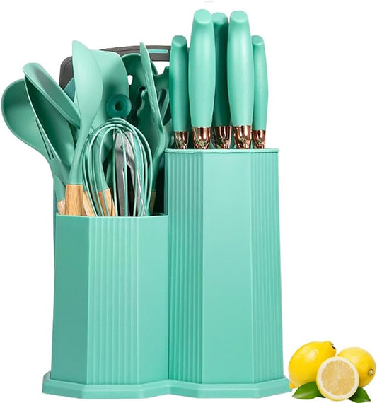 Kitchen Utensils Set,19 Pcs Cooking Tools and Knives Set,Cutting Board, Silverware Set, with Utensil Holder Precision Cutting and Organized Dining Kitchen Tool (Teal)