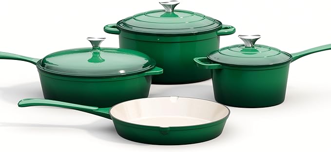 MAISON ARTS 7 Piece Enameled Cast Iron Cookware Set, Induction Dutch Oven Pot with Lid, Emerald Non Toxic Pots and Pans set, PFOA-PFOS Free