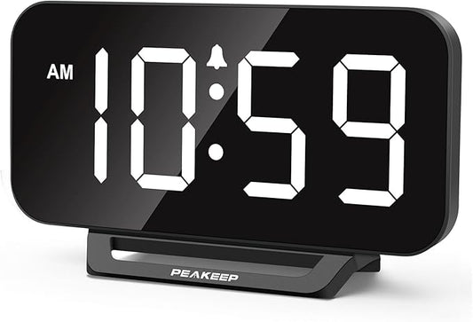 Peakeep Small Digital Alarm Clock for Bedrooms, Loud for Heavy Sleepers Adults, Dimmable Plug in Electric Large Numbers Clock Battery Backup, Slim Clock for Table Office Modern Living Room (BW)