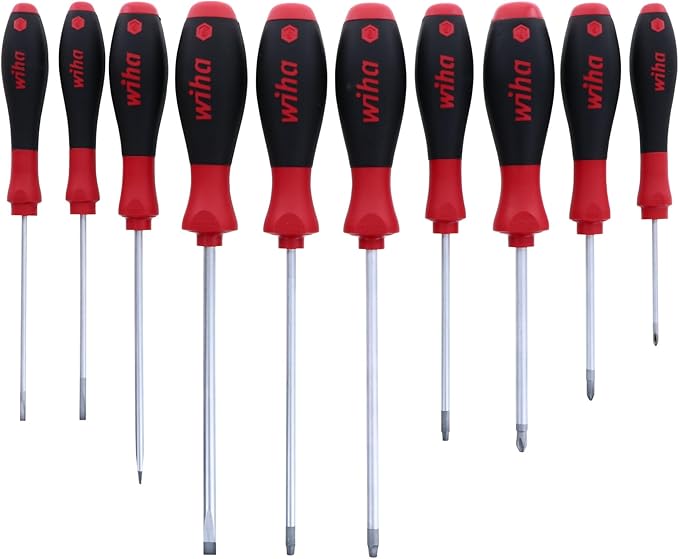 Wiha 30290 SoftFinish Grip ScrewDriver Set, Slotted 3.0-6.5, Phillips Number 0 -2 and Square Number 1-3, 10-Piece Set