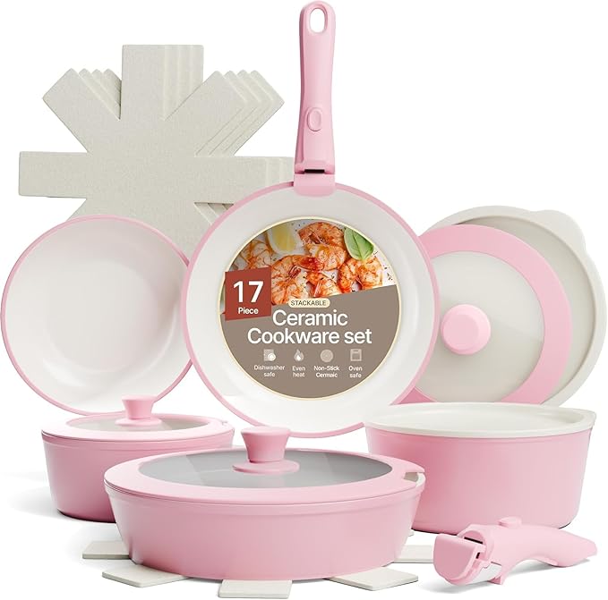 Bakken 17-Piece Ceramic Coated Aluminum Cookware Set, Nonstick Pots and Pans with Lids, Silicone Cooking Utensils & Oven Mitts, All Stovetop Safe Up To 500°F, PTFE & PFAS Free, Dishwasher Safe