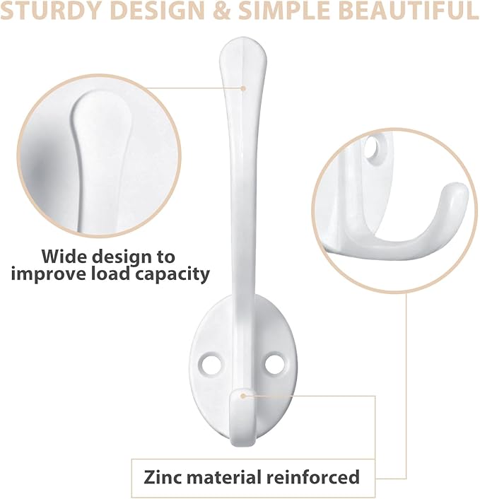 10 Pack Coat Hooks Wall Mounted with 20 Screws, Heavy Duty White Towel Hooks Metal Double Hooks, No Rust Retro Rustic Wall Hooks for Hanging Towel, Coat, Scarf, Bag, Hat, Cup, Key