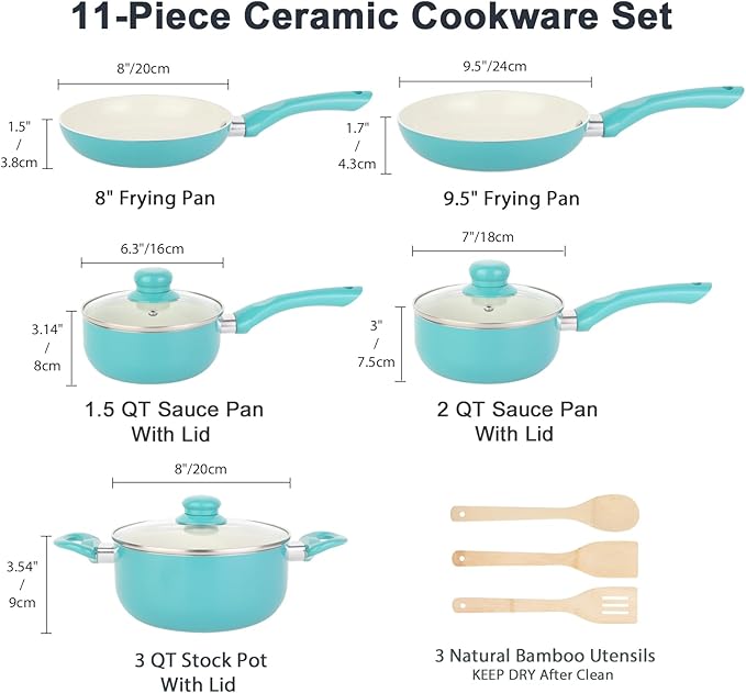 M MELENTA Pots and Pans Set Nonstick, 11pcs Kitchen Cookware Sets Induction Cookware, Ceramic Non Stick Cooking Set, Stay Cool Handle & Bamboo Kitchen Utensils, 100% PFOA Free, Turquoise