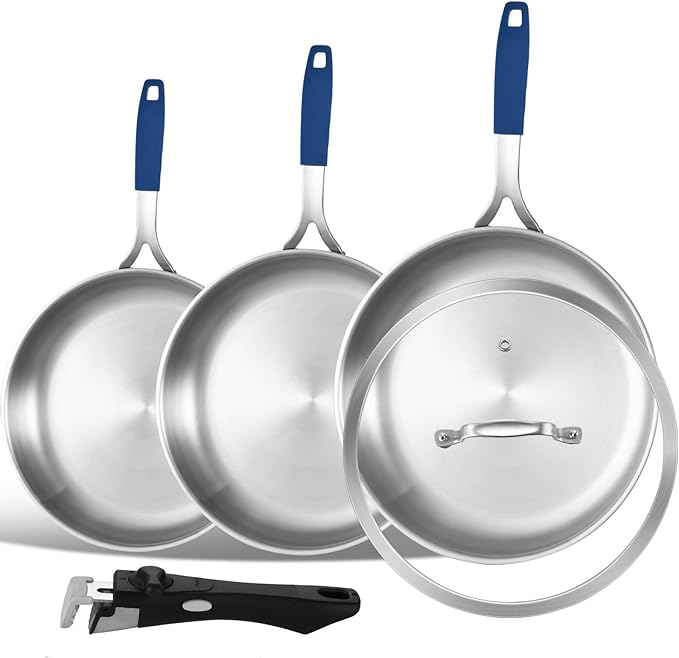Inqibee 8.5-10-12 Inch Tri-Ply Stainless Steel Frying Pan Set of 3 with a Lid, Skillets, Chef's Pan, Induction Cooking Pans, Dishwasher Safe and Detachable Handle