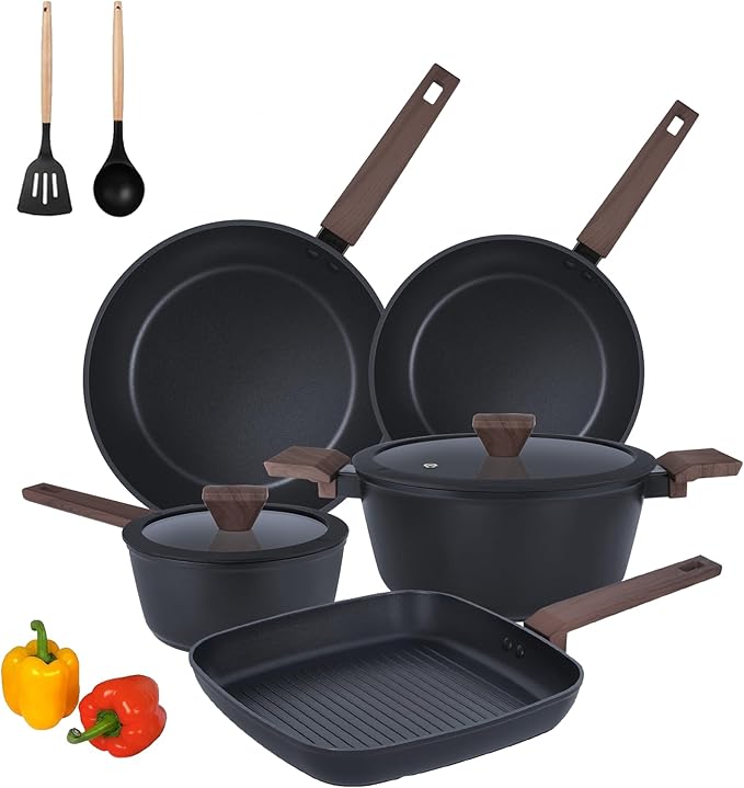9Pcs Pots and Pans Set Nonstick,Induction Cookware Set Kitchen Cooking Sets,Healthy Non-Toxic Pots and Pan set,Non Stick with Grill Pan& Stay-Cool Handles (PFOS, PFOA Free),Black