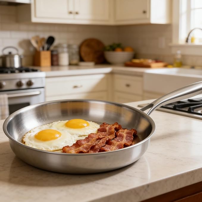 Tri-ply Stainless Steel Frying Pan 10 Inch Skillet for Chef's Cooking Pan Induction Oven Dishwasher Safe, Compatible with All Cooktops Up to 600℉ Come with Kitchen Tongs(Detachable Handle)