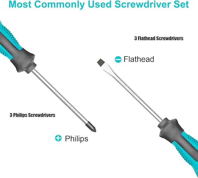 Magnetic Screwdriver Set, 6-Piece Screw Driver Kit with 3 Phillips and 3 Flat, Professional Non-Slip Cushion Grip Nut Driver Repair Tool Set. Stocking Stuffers for Men Gifts