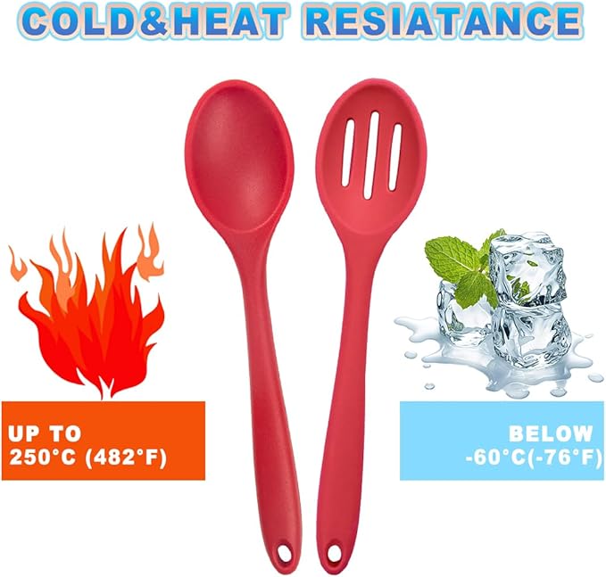 8 Pcs 8inch Heat Resistant Cooking Spoons for Nonstick Cookware Set -Ideal for Cooking, Baking, Mixing, Stirring Includes Slotted & Solid Spoons, Design for Nonstick Cookware (Black+Red+Green+Purple)