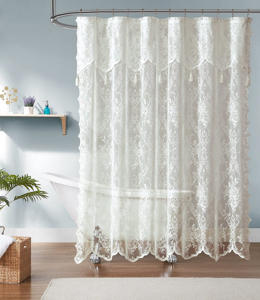 Warm Home Designs Ivory Lace Shower Curtain 72 x 96 Inches with Attached Valance & 7 Tassels. Luxury Farmhouse Shower Curtains for The Bathroom or Boho Shower Curtains for Bathroom. LA Ivory 96"