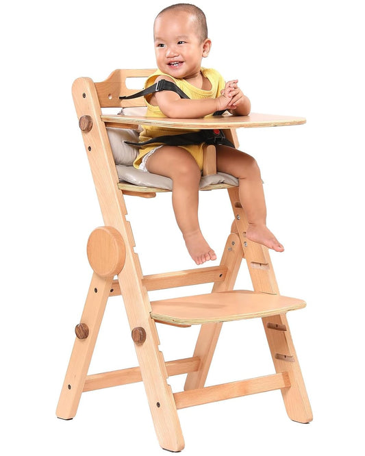 AIMOADO Wooden High Chair for Toddlers Adjustable High Chair Wooden for Dining Folding Wood High Chair with Removable Tray and Foot Rest 6 Months up to 300 Lb (Natural)
