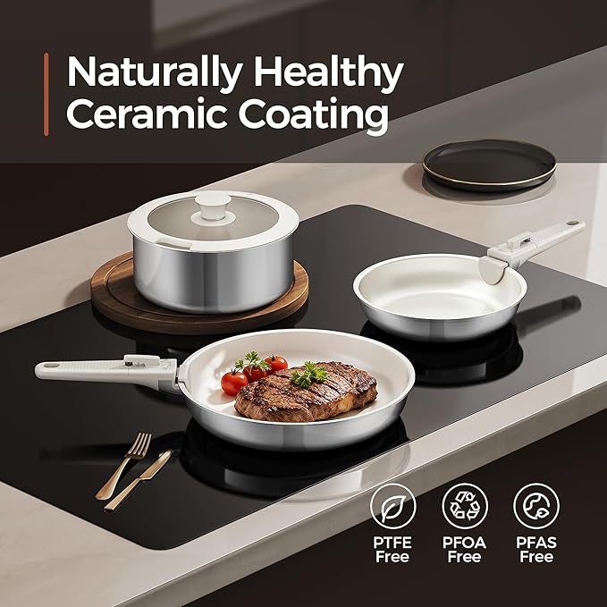 5pcs Nonstick Cookware Set, Diamond-Titanium Ceramic Coating & 3 Layer Stainless Steel Pots and Pans Set with Detachable Handle, Dishwasher Safe, Induction Compatible, Oven Safe, White