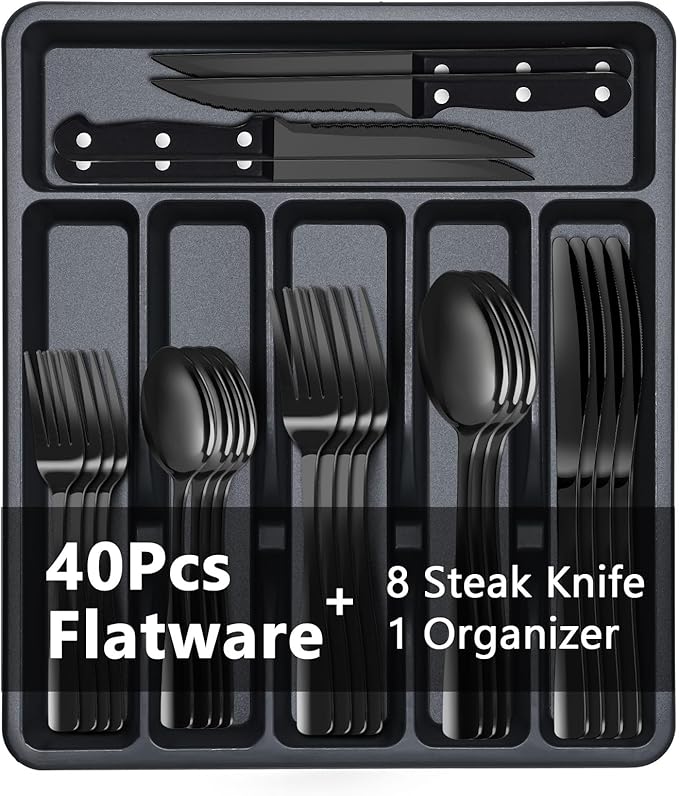 BEWOS 49-Piece Black Silverware Set with Organizer - Stainless Steel Silverware Set for 8 with Steak Knives and Drawer Organizer, Mirror Polished Flatware Set for Home and Restaurant, Dishwasher Safe
