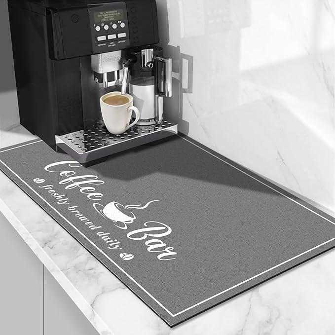 CooRug Absorbent Coffee Mat, Fashion Dish Drying Mat for Kitchen Counter Coffee Bar Accessories Espresso Machine Dish Rack 16" x 24" Dark Grey