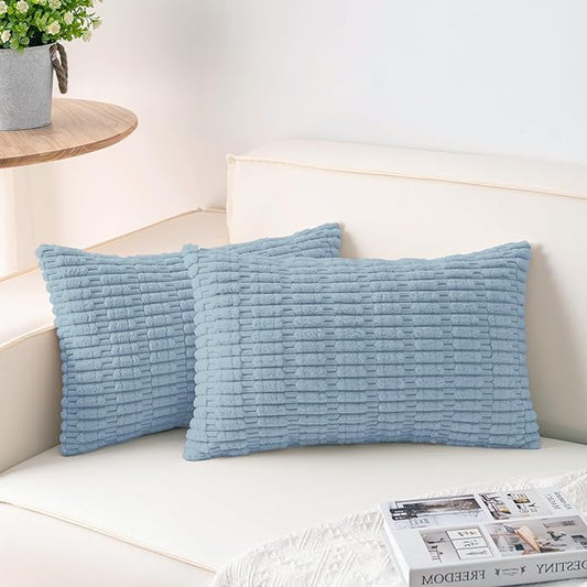 Pack of 2 Corduroy Decorative Throw Pillow Covers 12x20 Inch Soft Striped Pillow Covers Modern Farmhouse Home Decor for Sofa Living Room Couch Bed（Sky Blue）