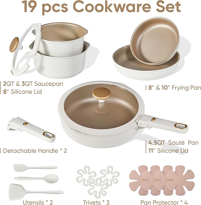 CAROTE 19 Pcs Pots and Pans Set, Nonstick Cookware Sets with Detachable Handle, Titanium Reinforced, Oven Safe, Cookware Non Stick Cooking Set w/Frying Pans & Saucepans White(PFOS, PFOA Free)
