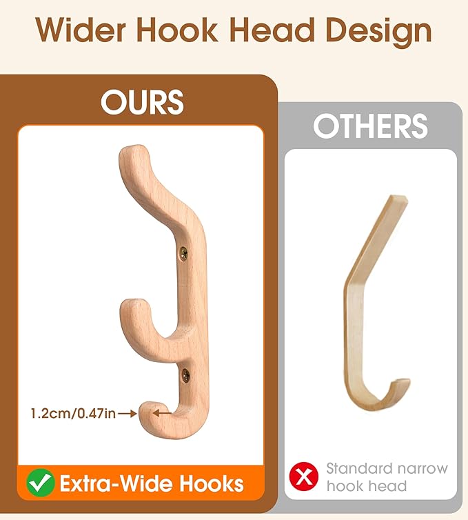 Wooden Wall Hook for Coat and Towel – 2 Pack Beech Wood Hooks for Heavy Bags, Towels, Hats & Clothes, WCH3B, Wall Mounted 3 Curved Hooks Design, Modern Home Decor, Patent Pending, Large