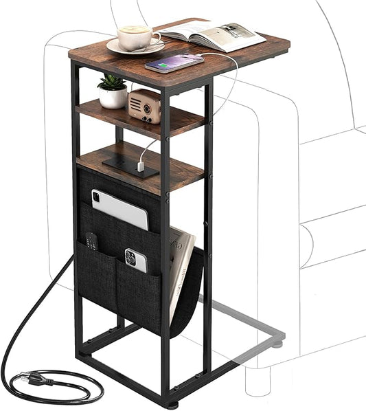 C Shaped End Table with Charging Station, 28"(H) 3-Tier C Table with Storage Bag, Under Couch Table C-Shaped End Table with Storage Shelves and Bag for Living Room, Bedroom, or Office