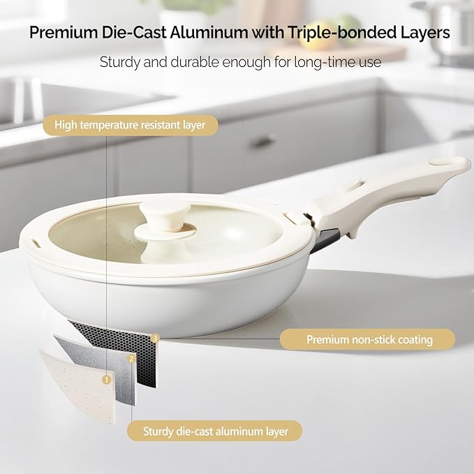 Bonnlo 22 Pcs Nonstick Pots and Pans Set with Lids, Kitchen Cookware Set with Detachable Handle Include Saucepan, Frying and Saute Pan, PFAS PFOA & PFOS Free, RV Induction, Aluminum, Cream White