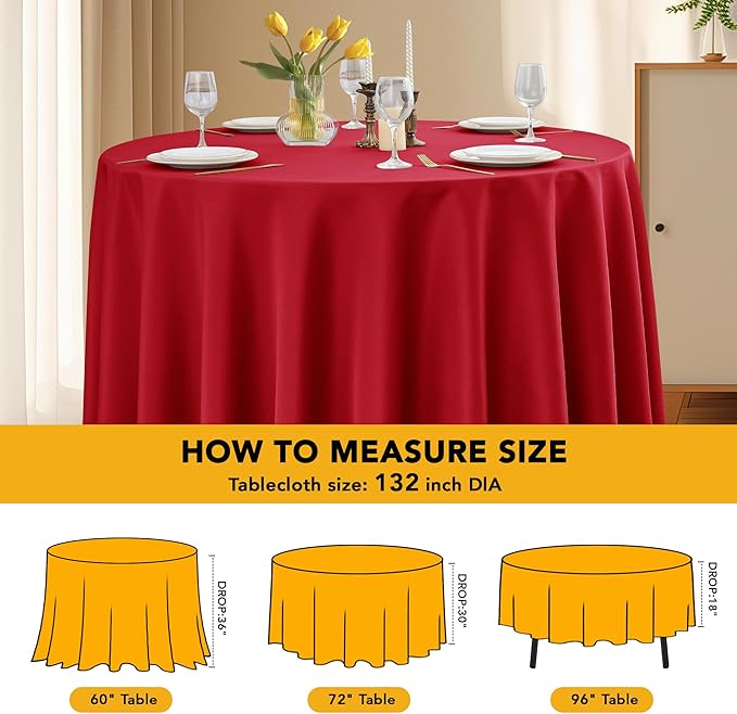 6-Pack Red Round Tablecloths, 132 Inches, Stain-Resistant Polyester for 6-8 Ft Round Tables - Washable Table Covers for Weddings, Banquets, Birthday Parties, Events